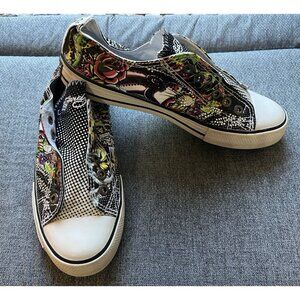 Ed Hardy Low Rise Slip-on Sneakers Rhinestone Womens 7 Tattoo Pop Art Tiger Dots
